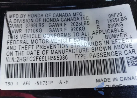 2020 Honda Civic Lx z USA, uszkodzony, nr VIN 2HGFC2F65LH595986